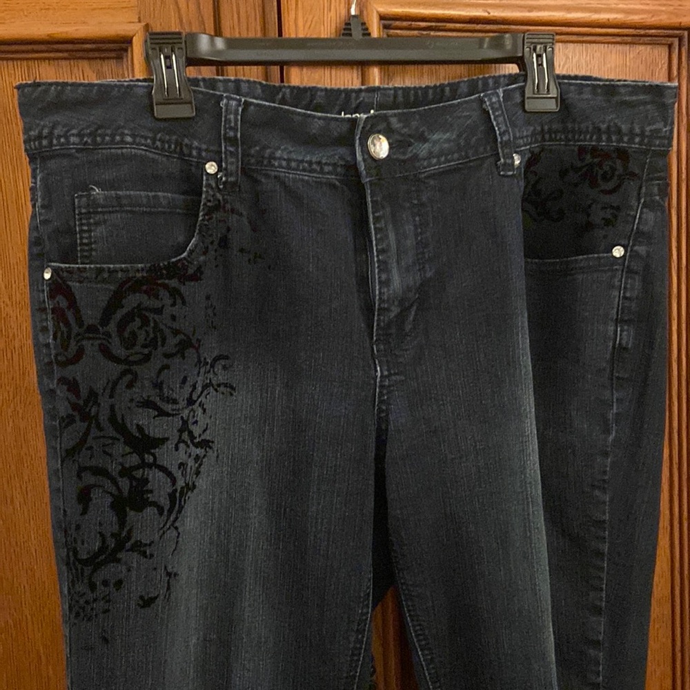 Lane Bryant dark blue denim jeans with jewel accents and black burnout design